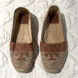 Tory Burch Khaki Bronze Canvas Espadrille Slip On Shoes Womens Size 7